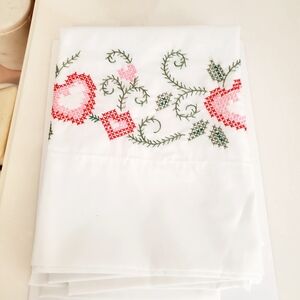 Embroidered Floral And Hearts White Pillowcase Set, King Size 38.5 Inches